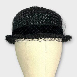 Vintage 1950s Women's Netted Straw Derby Hat w/ Black Velvet Trim